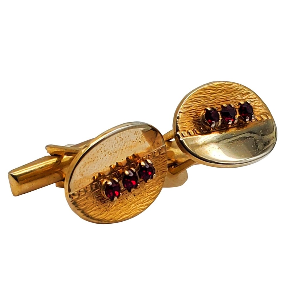 Red Glass Stones Oval Cufflinks Gold Tone Brushed Polished Suit Accessory MCM